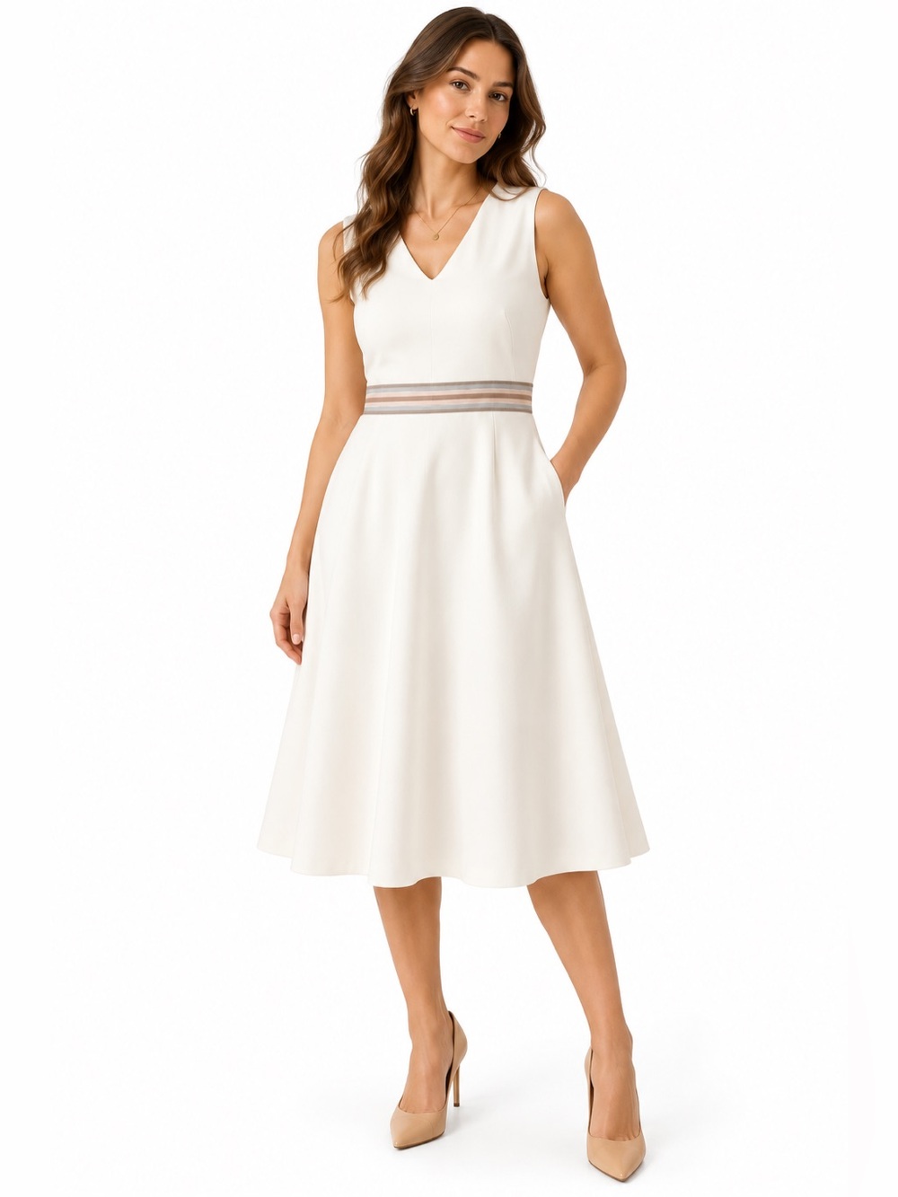 Calvin Klein NWT Size 12 Cream Striped A-Line Midi Dress